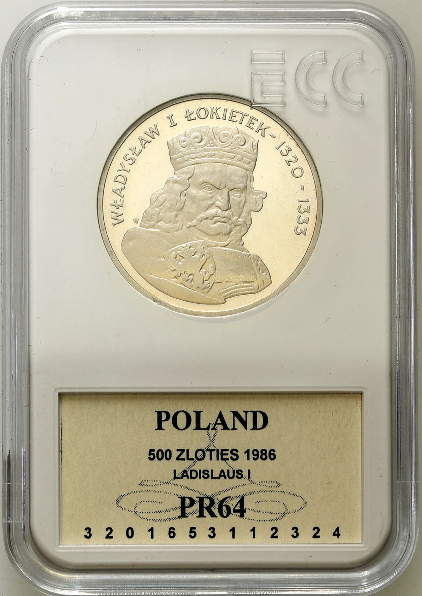 PRL. 500 złotych 1986 Łokietek - popiersie GCN PR64